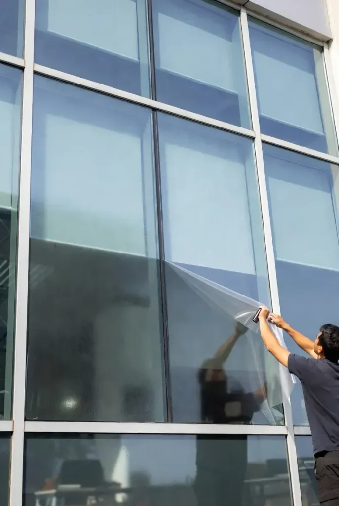 Commercial window tinting being installed on modern office building in Melbourne for glare control and privacy