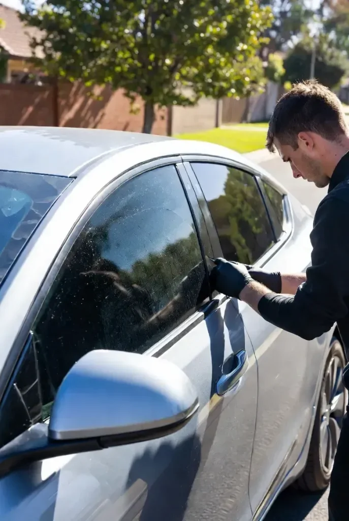 Expert technician installing premium ceramic window tint on luxury car during professional service in Melbourne